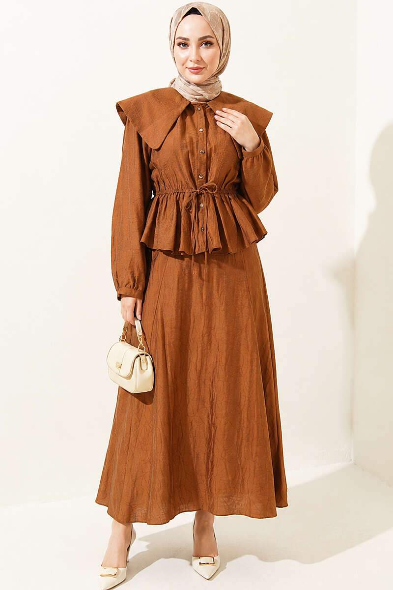 Sailor-Collar Two-Piece Skirt Set with Tie Cord - Tan