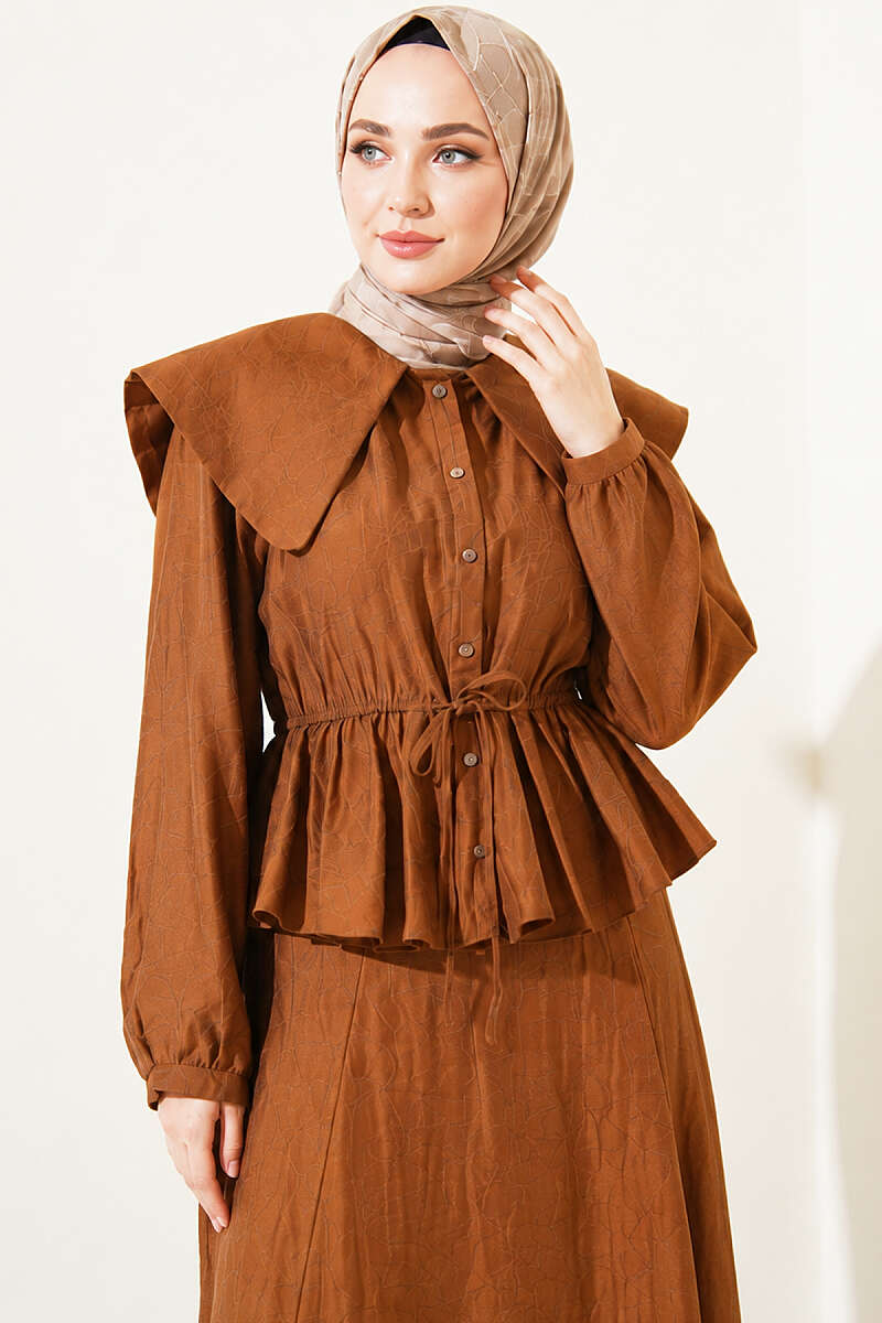 Sailor-Collar Two-Piece Skirt Set with Tie Cord - Tan