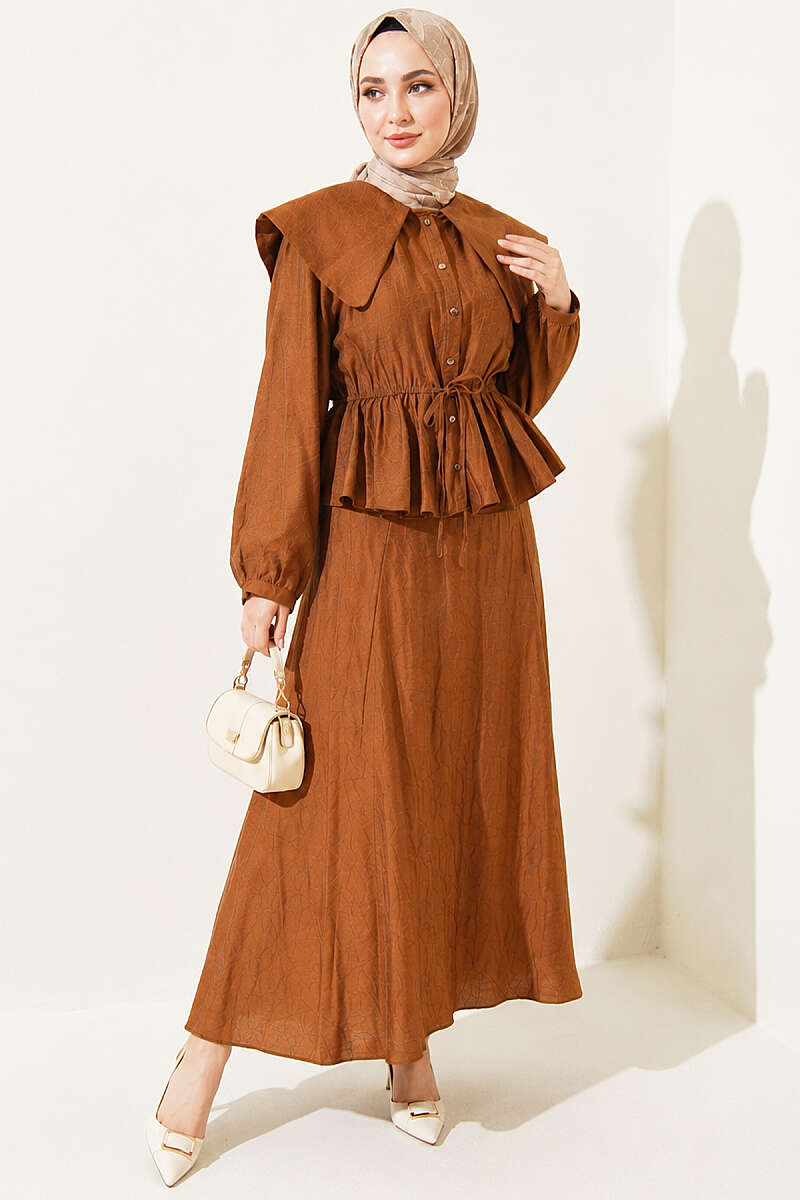 Sailor-Collar Two-Piece Skirt Set with Tie Cord - Tan