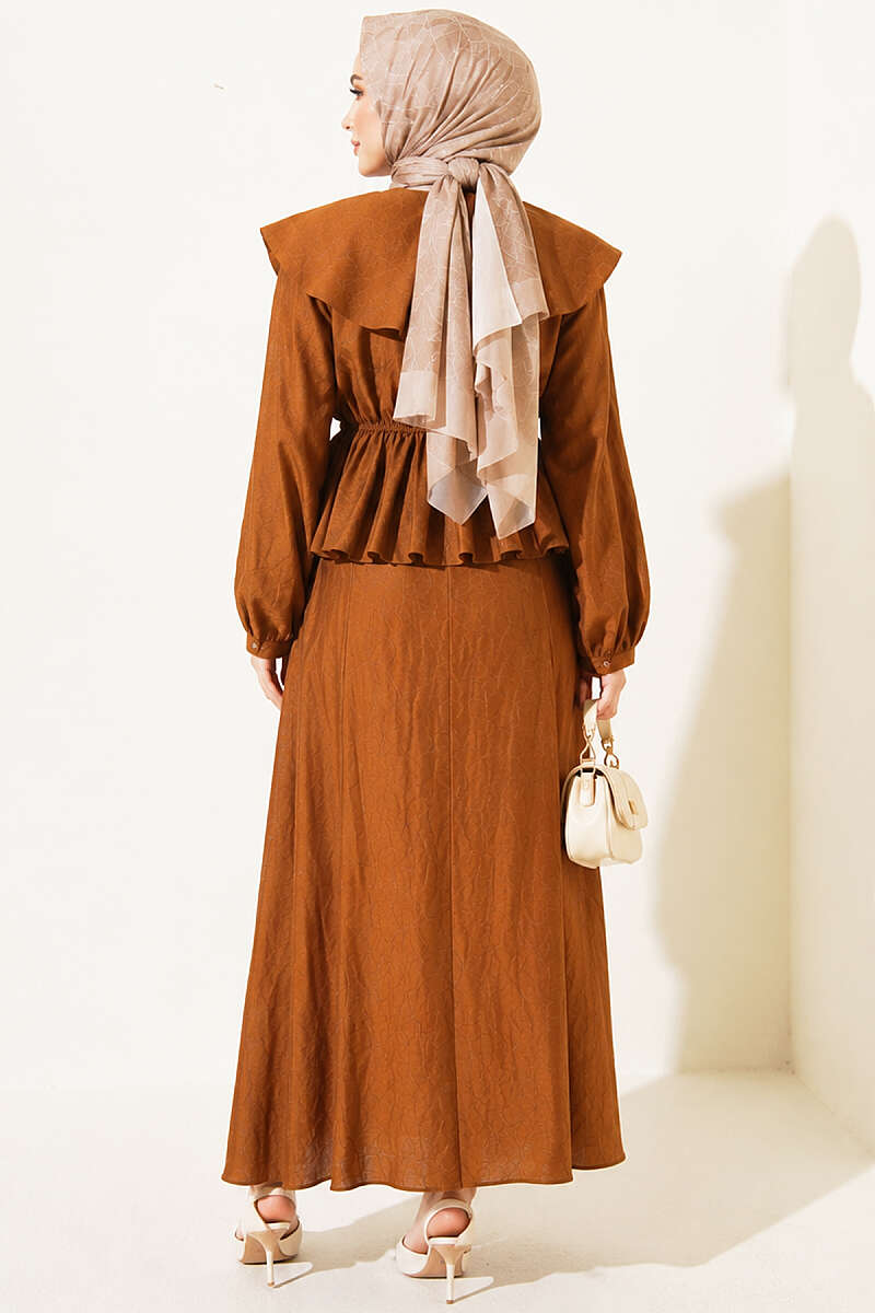 Sailor-Collar Two-Piece Skirt Set with Tie Cord - Tan