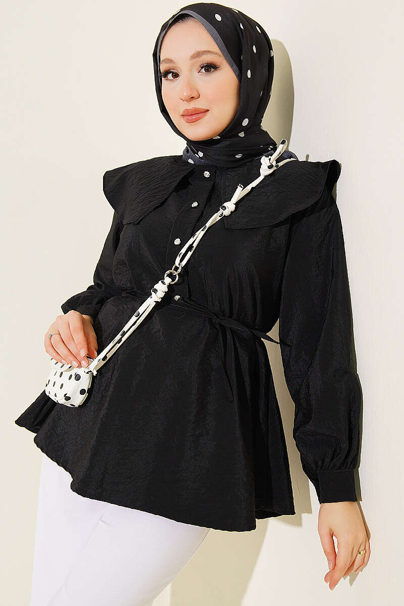 Sailor-Collar Tunic with Cord Belt - Black