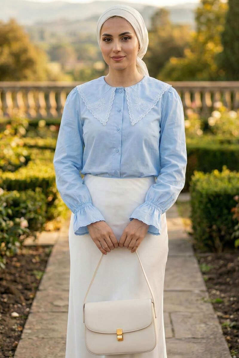 Embroidered Sailor-Collar Shirt - Light Blue