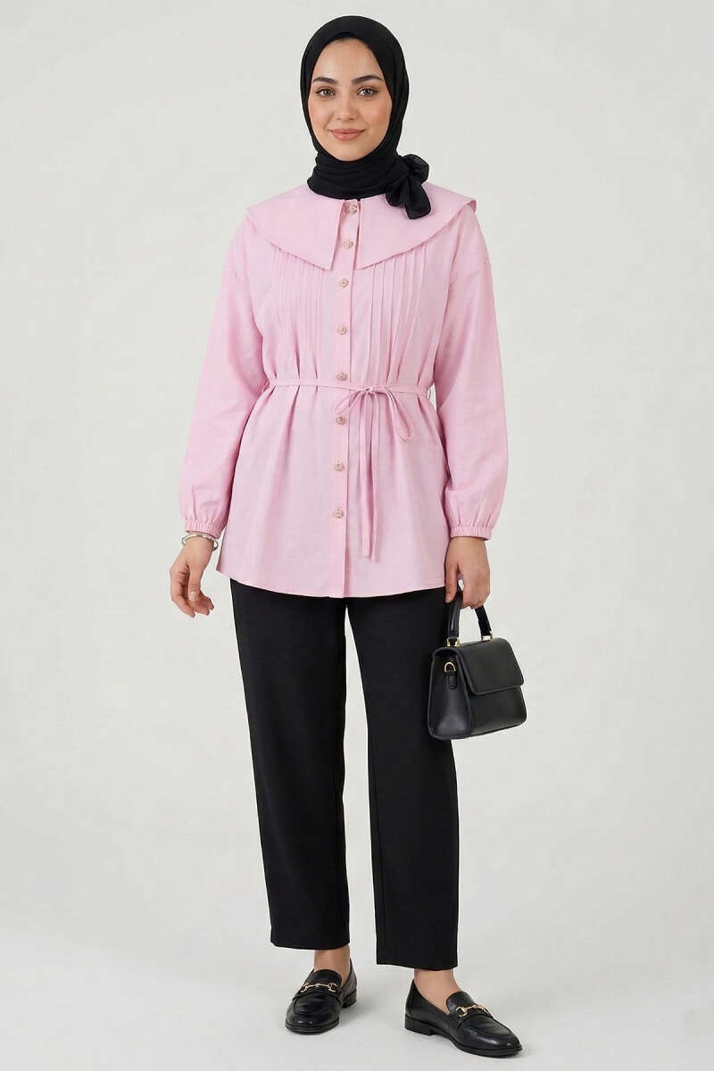 Ribbed Sailor-Collar Tunic - Pink