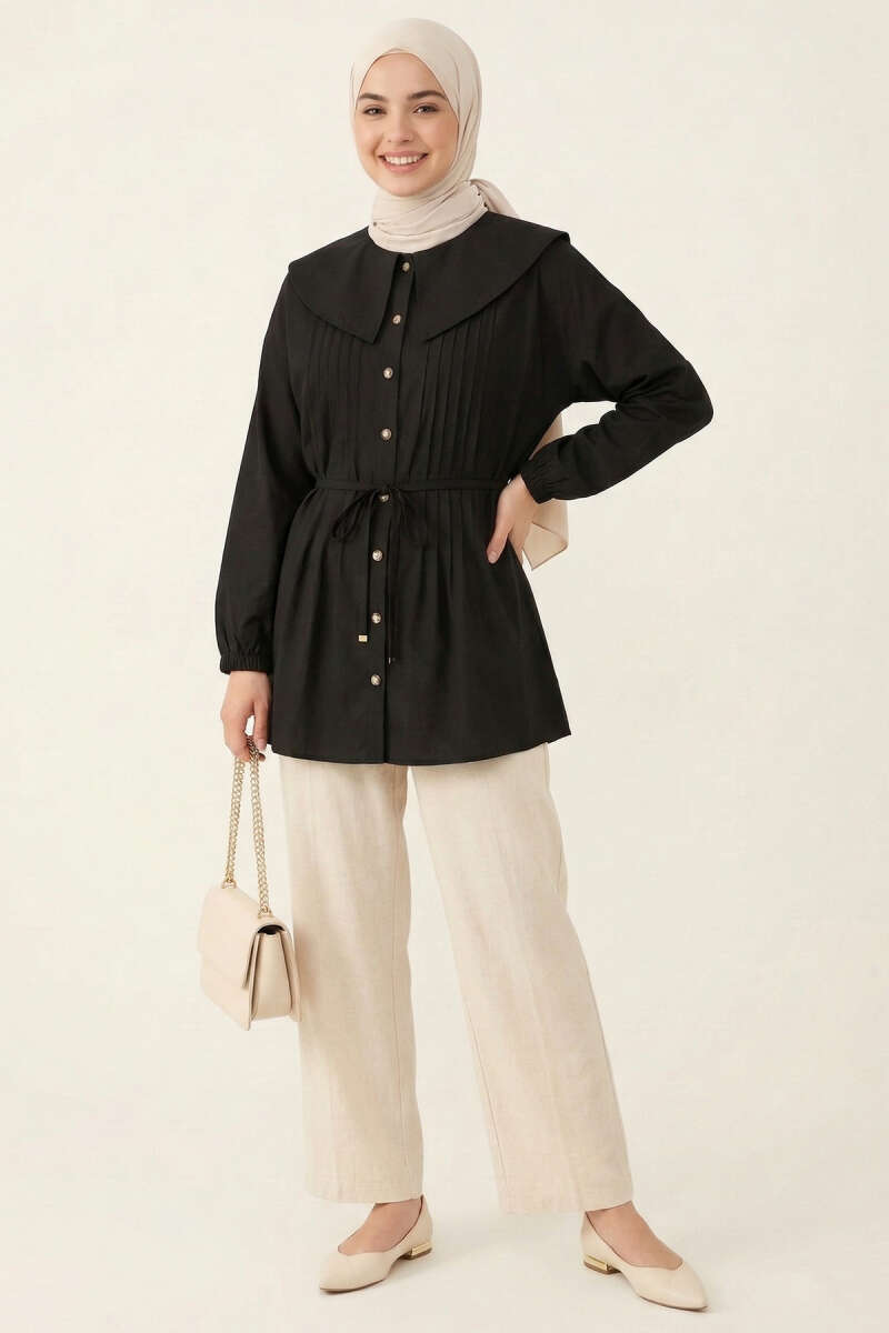 Ribbed Sailor-Collar Tunic - Black