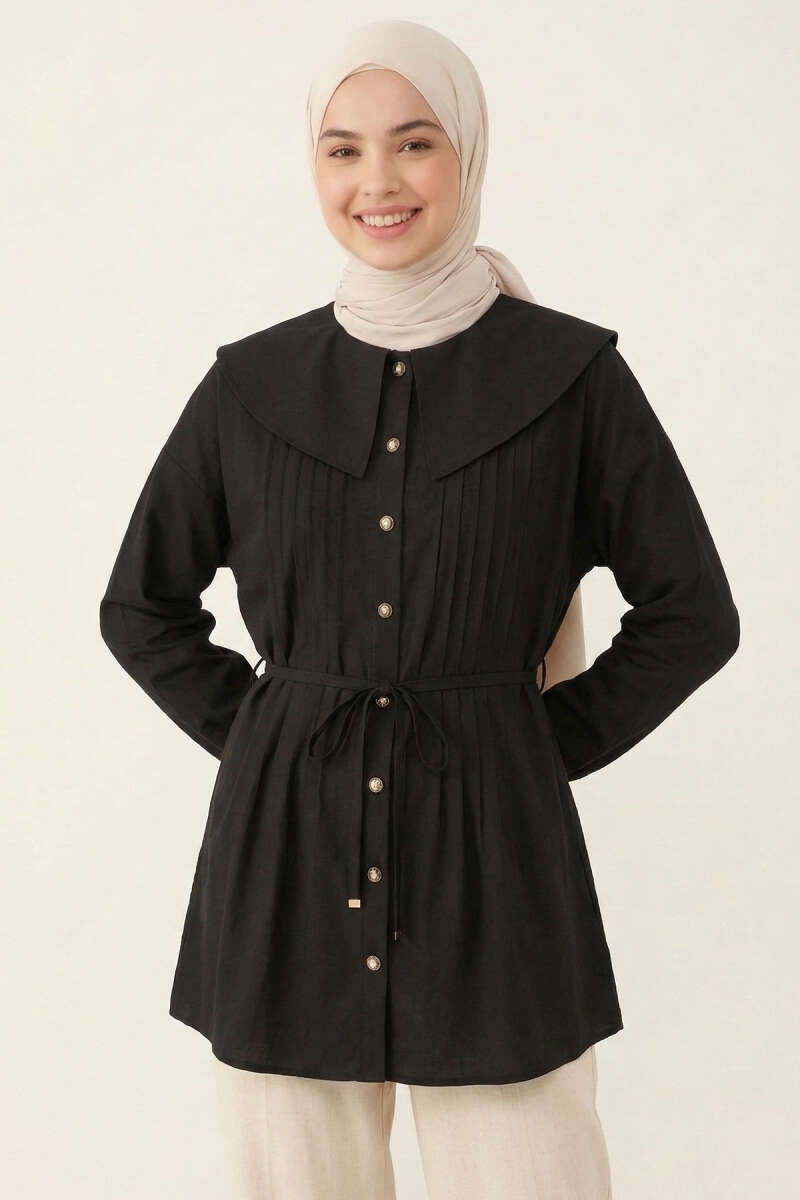 Ribbed Sailor-Collar Tunic - Black