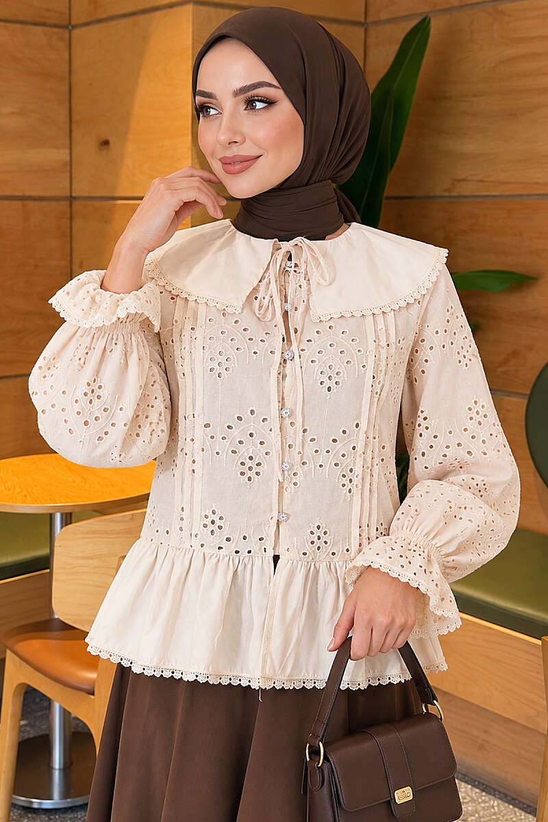 Embroidered Sailor-Collar Shirt with Jewelled Buttons - Beige
