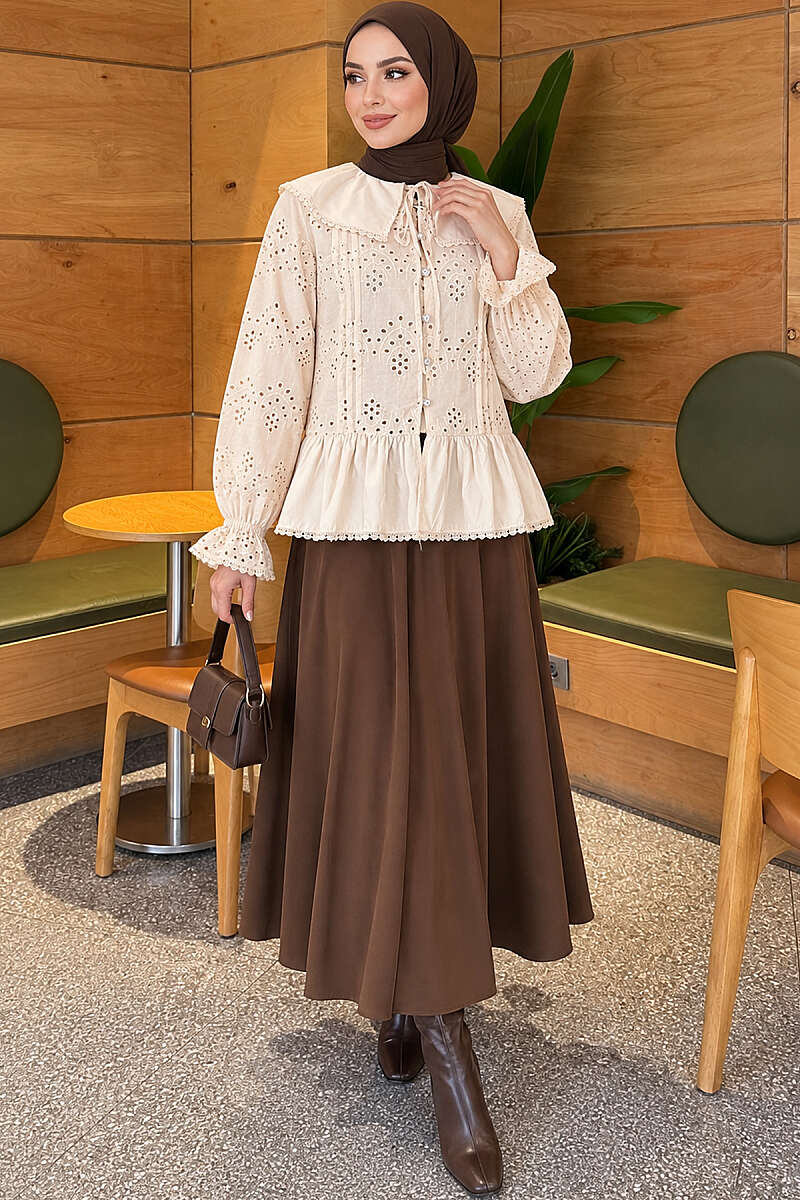 Embroidered Sailor-Collar Shirt with Jewelled Buttons - Beige