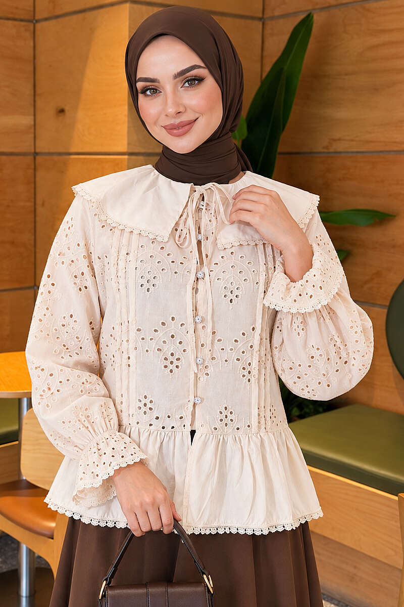 Embroidered Sailor-Collar Shirt with Jewelled Buttons - Beige