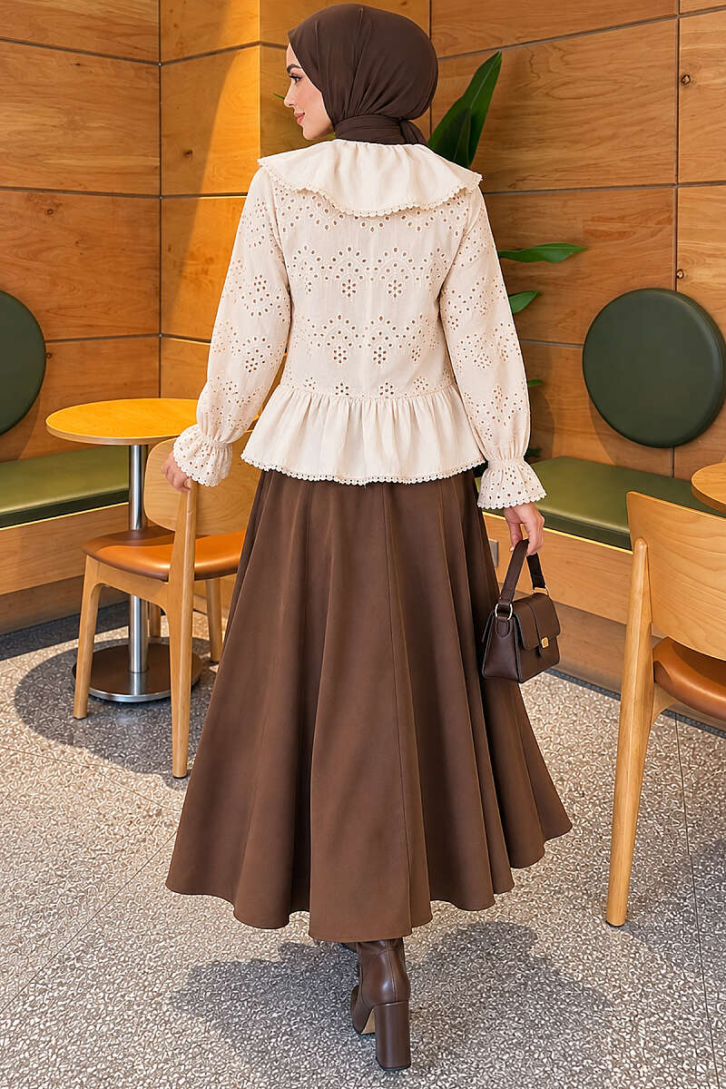Embroidered Sailor-Collar Shirt with Jewelled Buttons - Beige