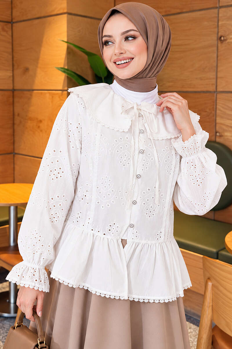 Embroidered Sailor-Collar Shirt with Jewelled Buttons - Ecru
