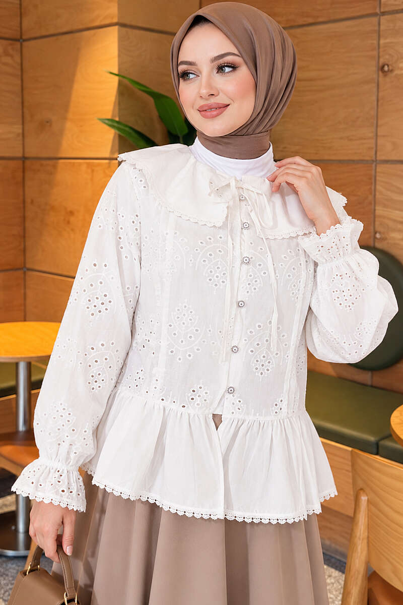 Embroidered Sailor-Collar Shirt with Jewelled Buttons - Ecru