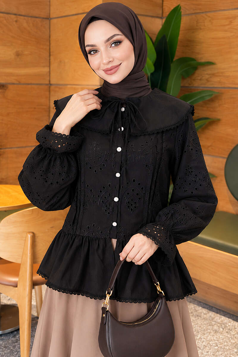 Embroidered Sailor-Collar Shirt with Jewelled Buttons - Black