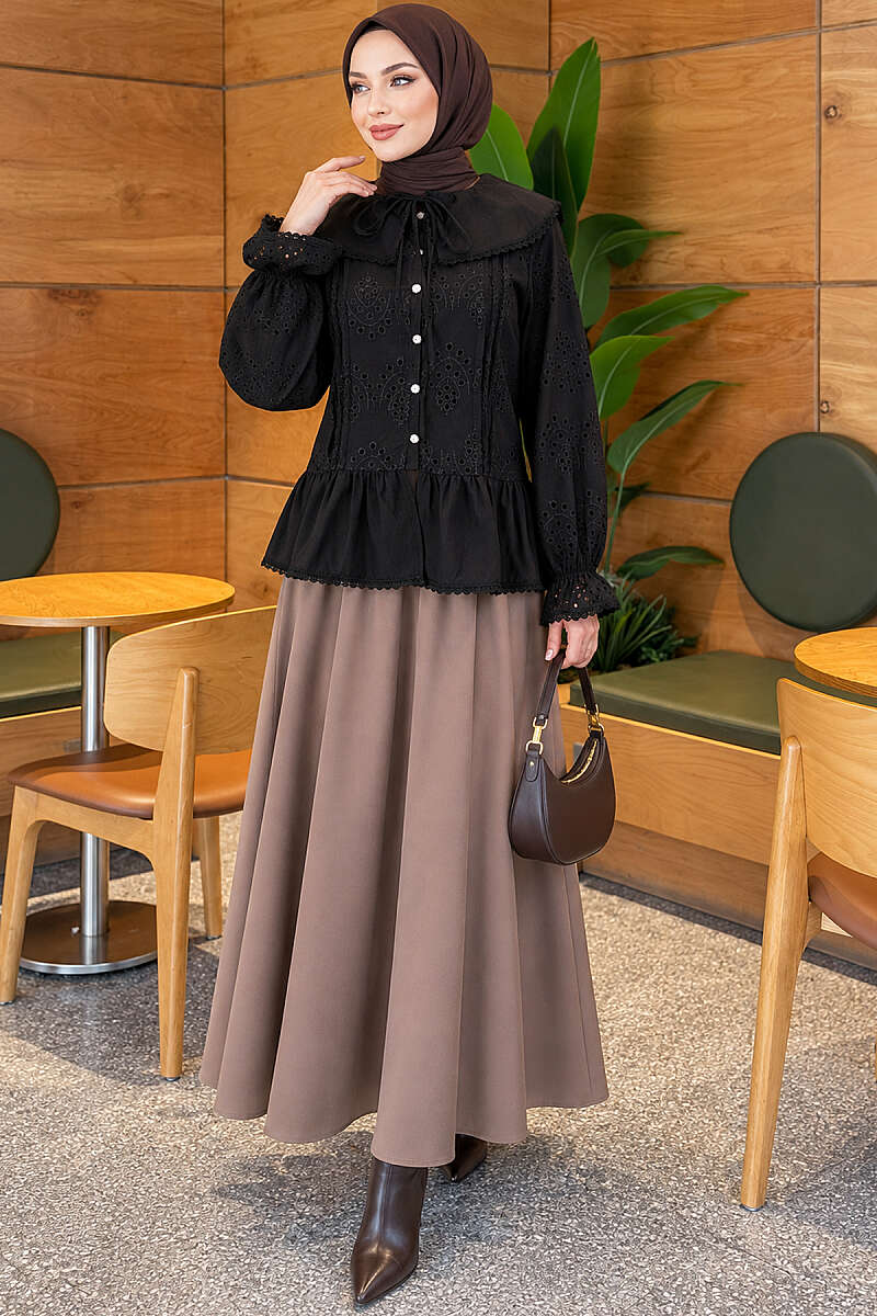 Embroidered Sailor-Collar Shirt with Jewelled Buttons - Black