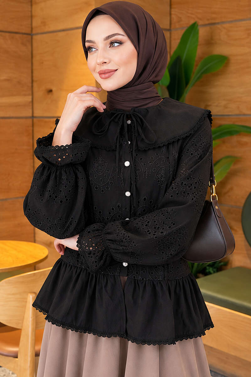 Embroidered Sailor-Collar Shirt with Jewelled Buttons - Black