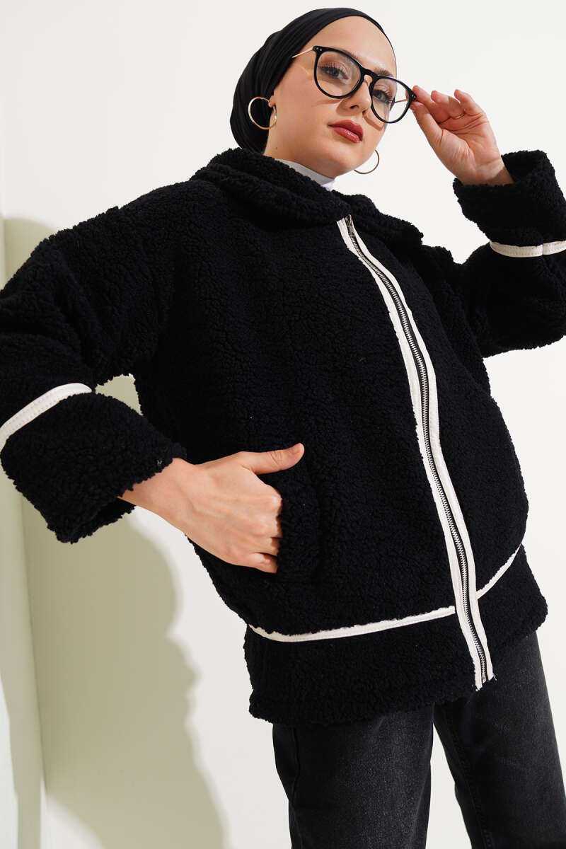 Loose Plush Zip Jacket with Faux Leather Piping - Black