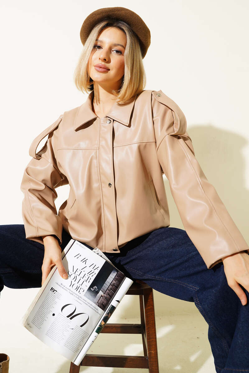 Zip Jacket with Leather Snaps - Latte