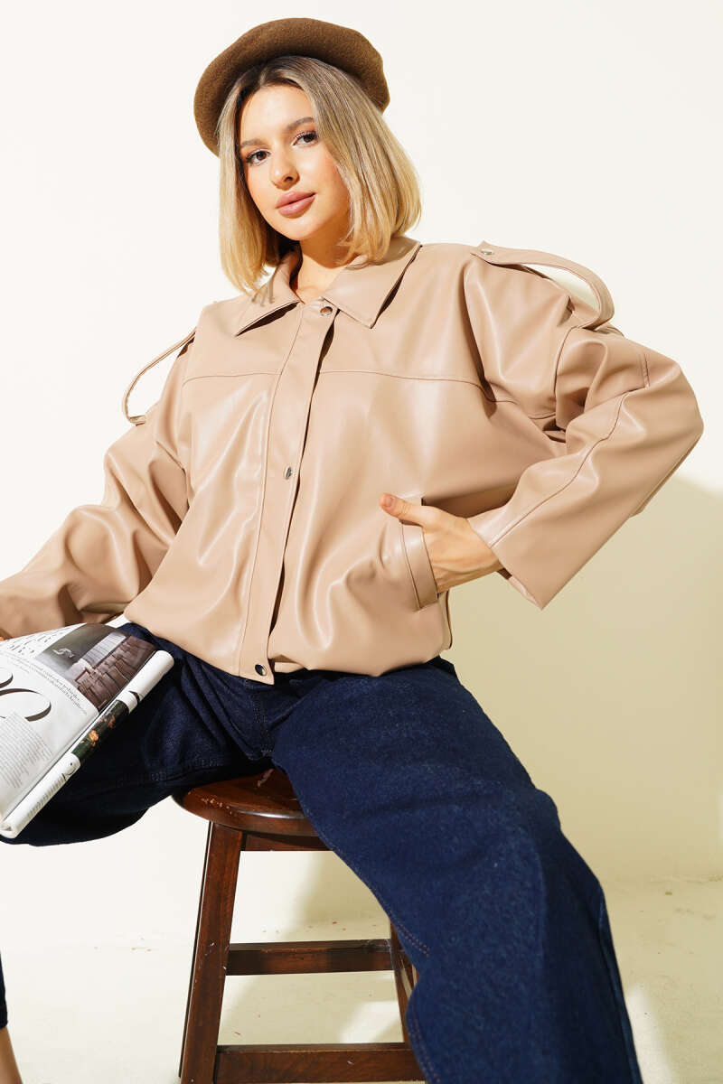 Zip Jacket with Leather Snaps - Latte