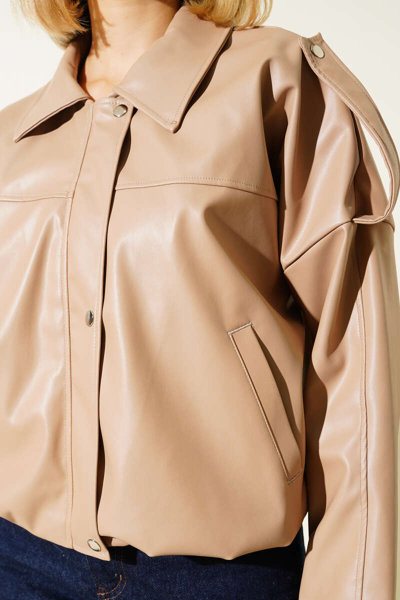 Zip Jacket with Leather Snaps - Latte