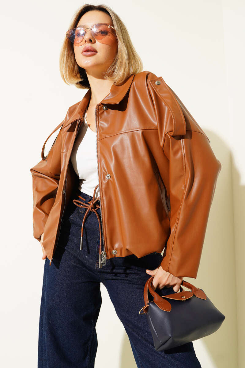 Zip Jacket with Leather Snaps - Tan