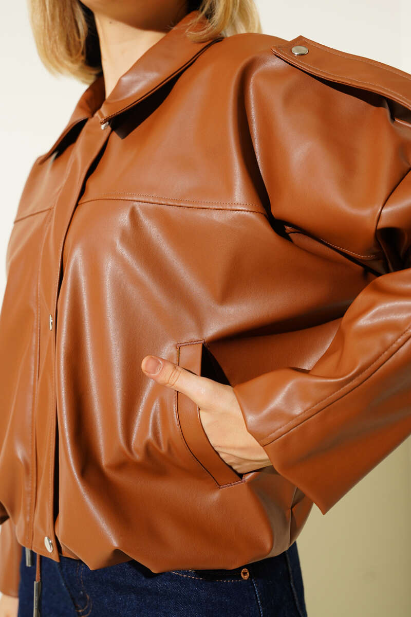 Zip Jacket with Leather Snaps - Tan