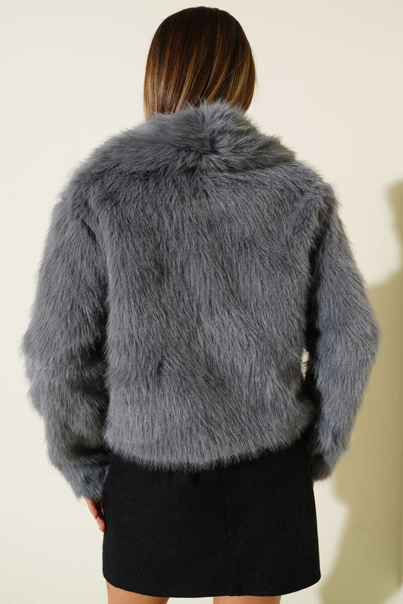Faux Fur Coat with Leather Bow - Grey