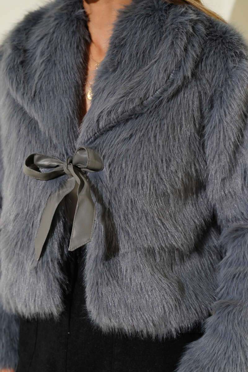 Faux Fur Coat with Leather Bow - Grey