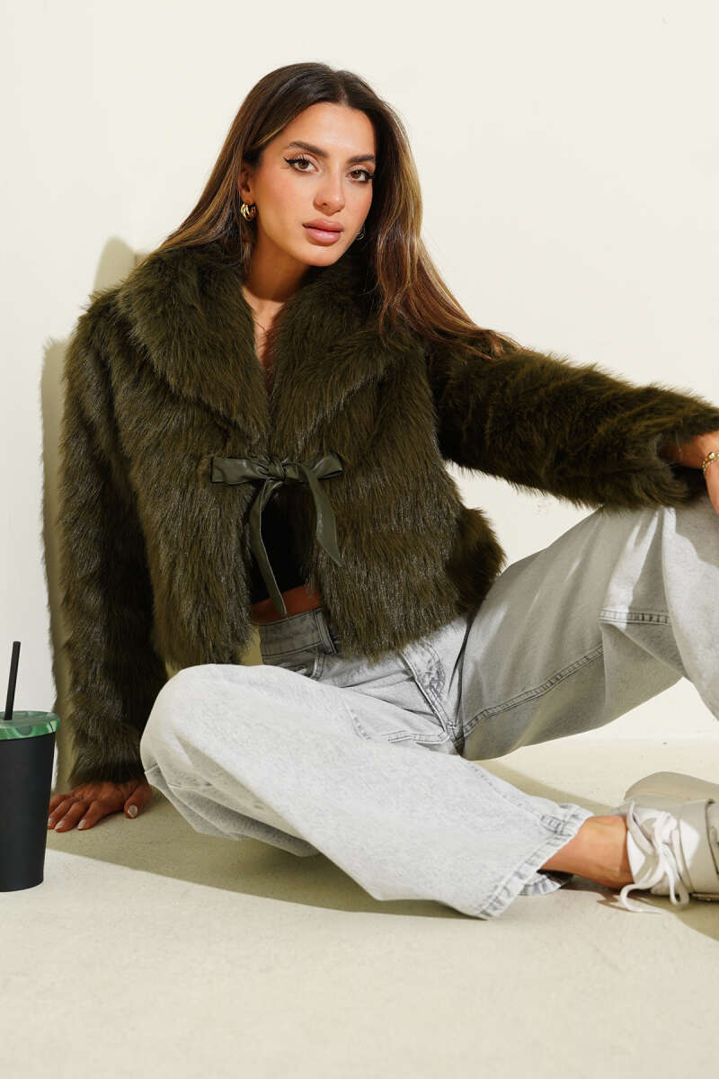 Faux Fur Coat with Leather Bow - Khaki