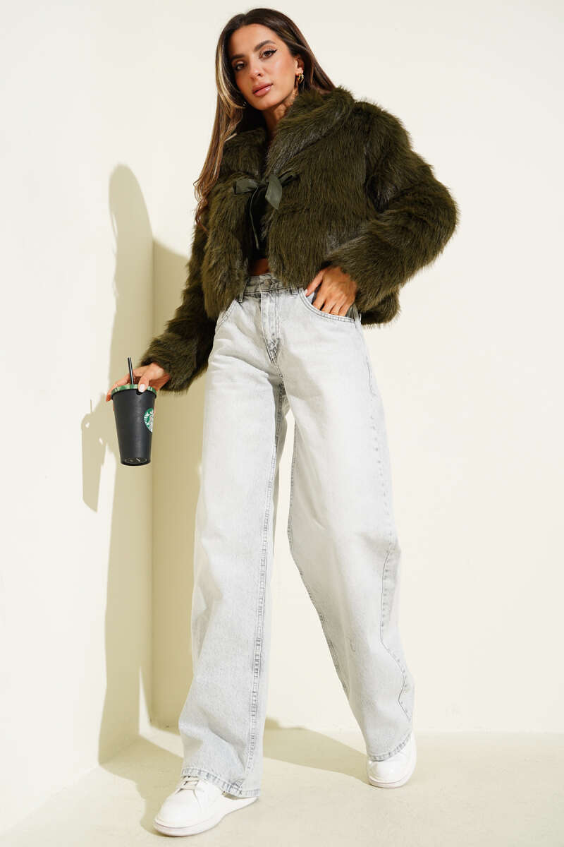 Faux Fur Coat with Leather Bow - Khaki
