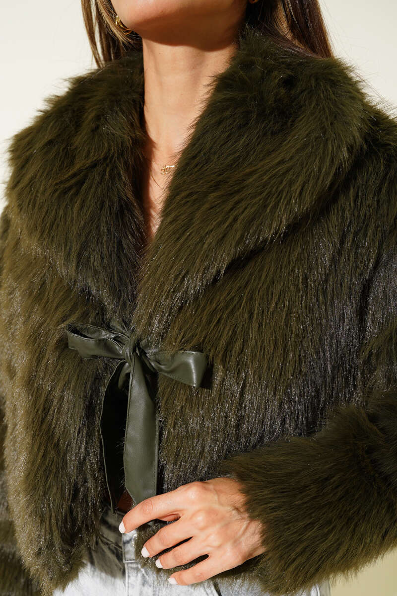 Faux Fur Coat with Leather Bow - Khaki