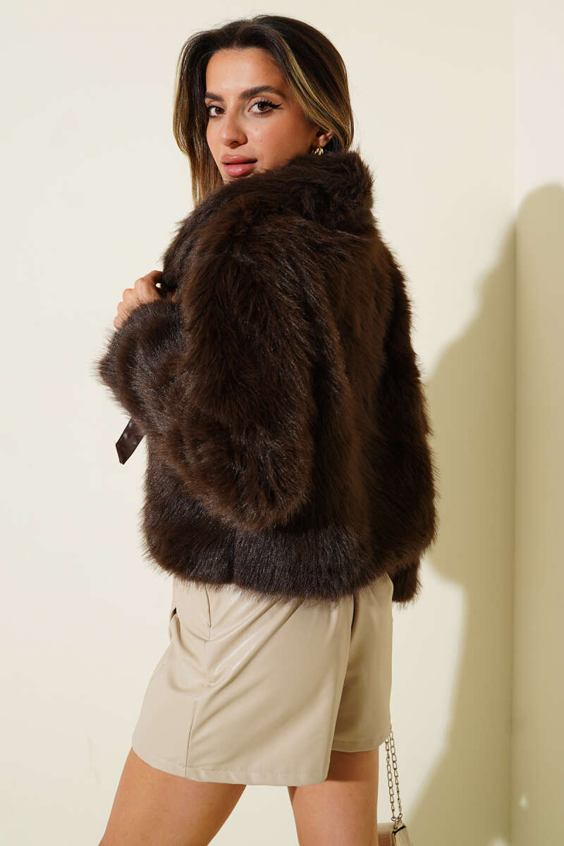 Faux Fur Coat with Leather Bow - Brown