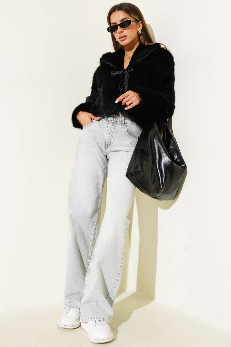 Faux Fur Coat with Leather Bow - Black