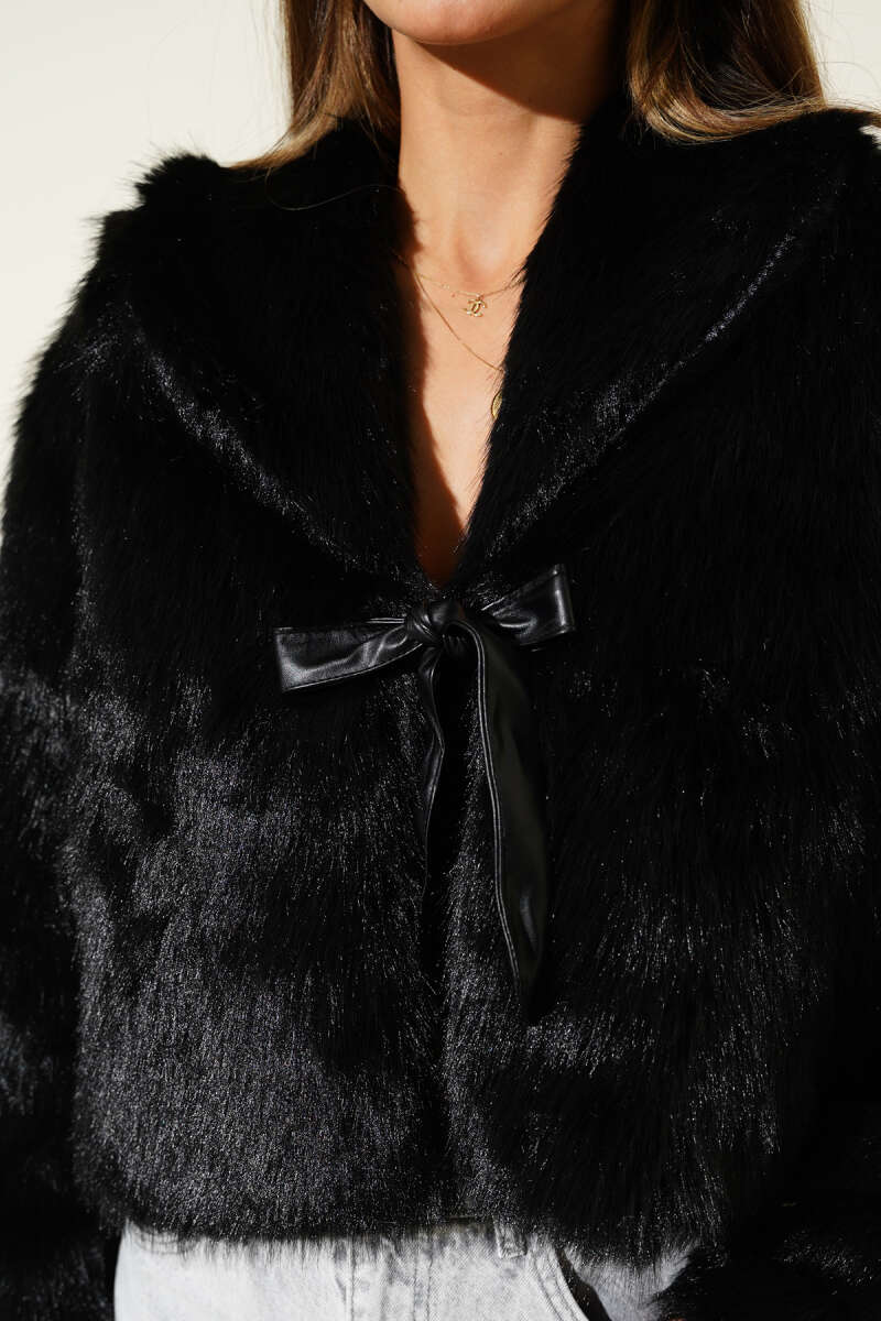 Faux Fur Coat with Leather Bow - Black