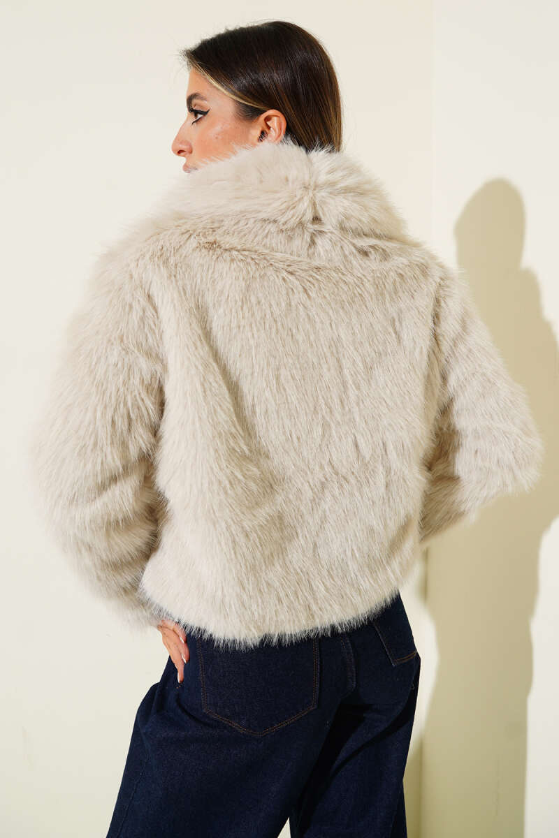 Faux Fur Coat with Leather Bow - Stone