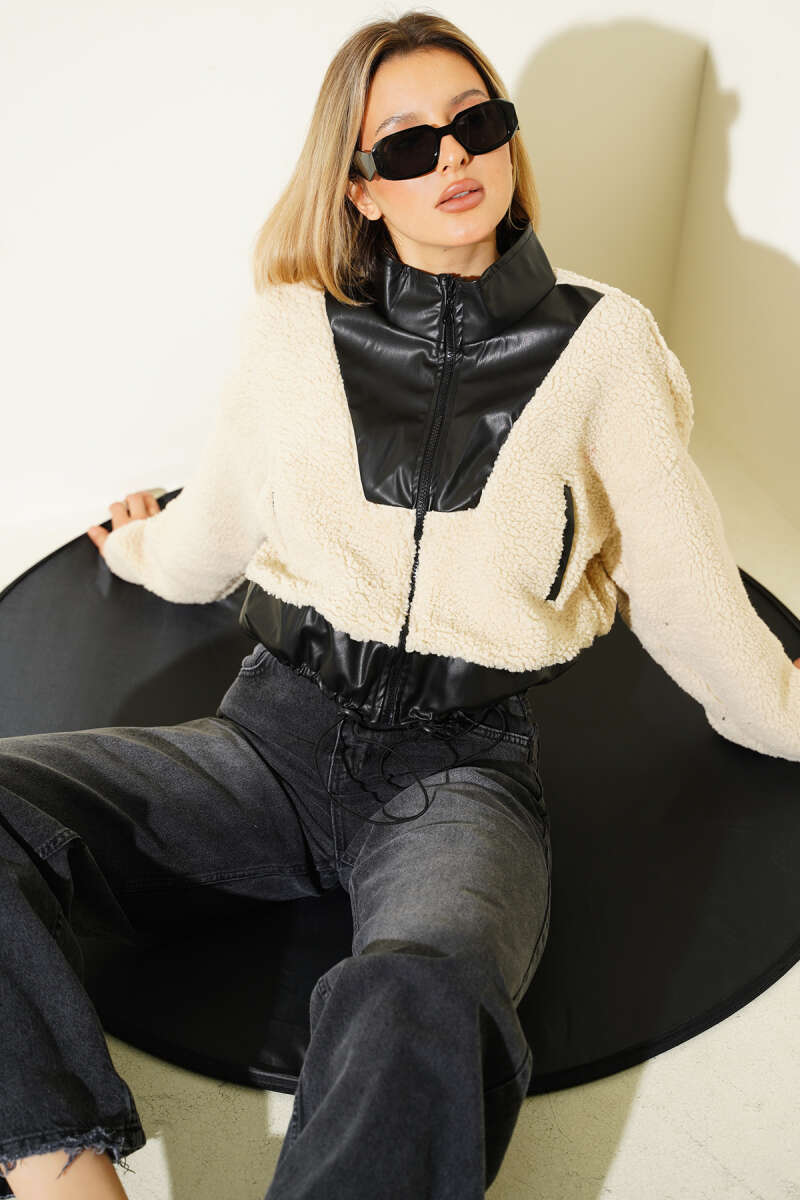 Zip Coat with Faux Leather Trim - Black