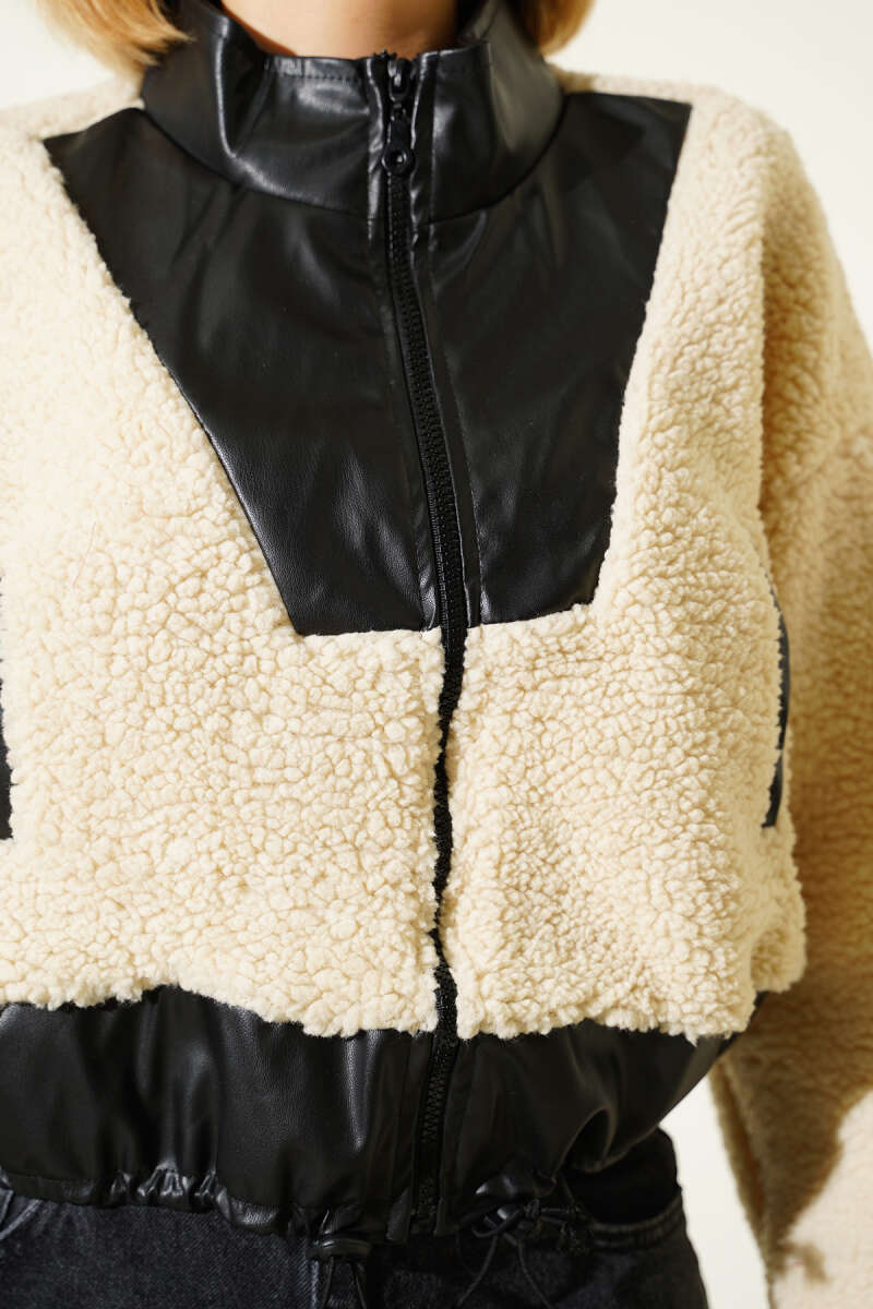 Zip Coat with Faux Leather Trim - Black