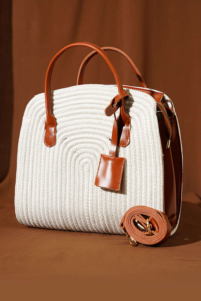 Straw Bag with Leather Trim - Ecru