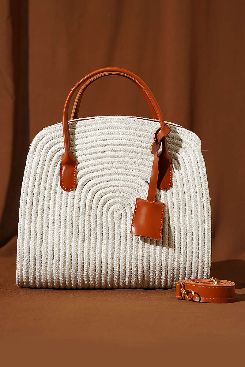 Straw Bag with Leather Trim - Ecru