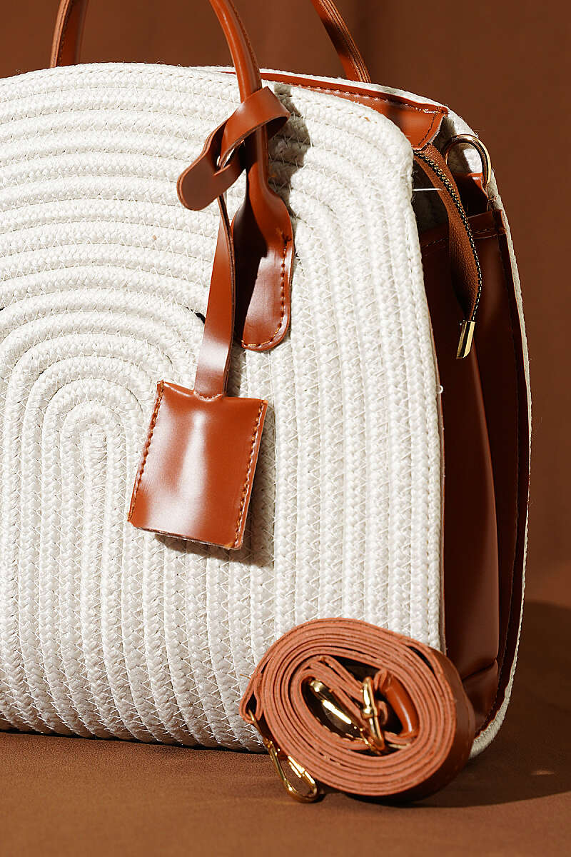 Straw Bag with Leather Trim - Ecru