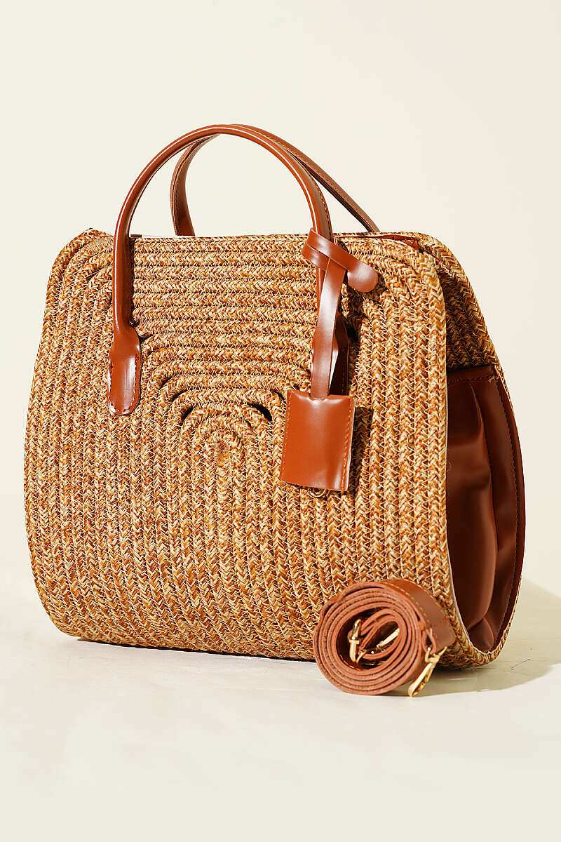 Straw Bag with Leather Trim - Tan