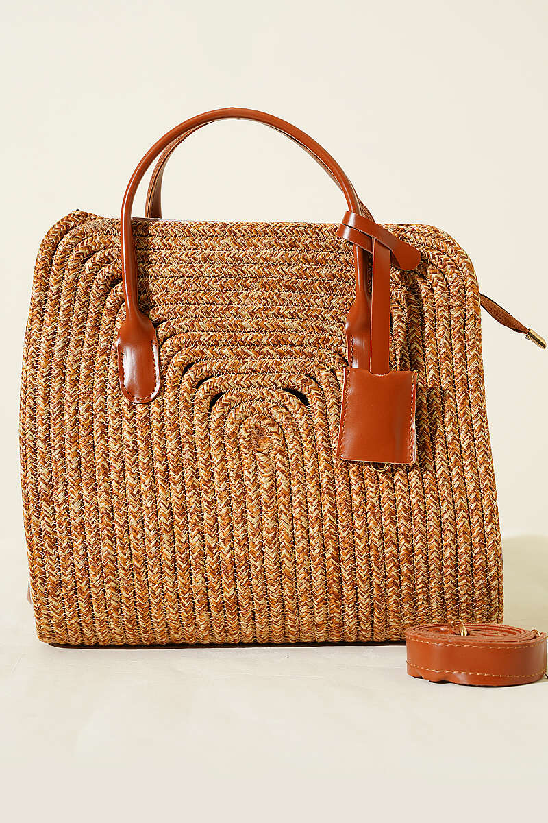 Straw Bag with Leather Trim - Tan