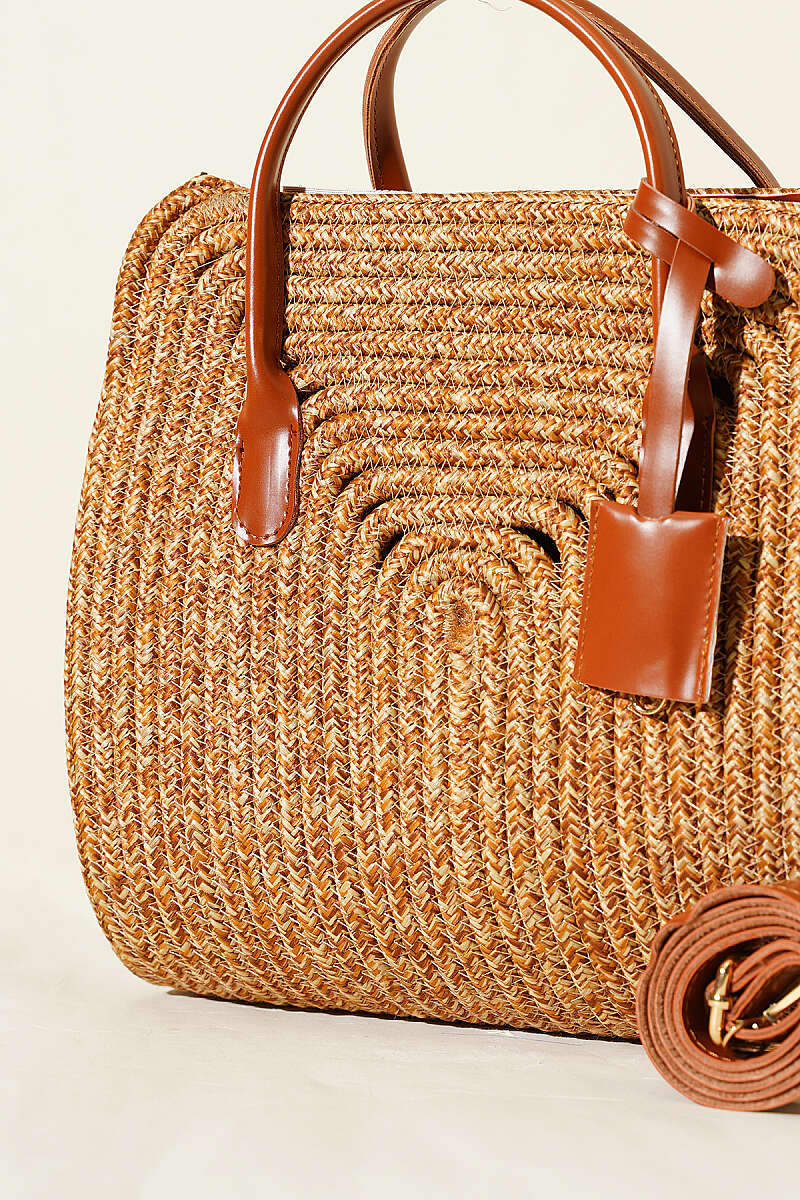 Straw Bag with Leather Trim - Tan