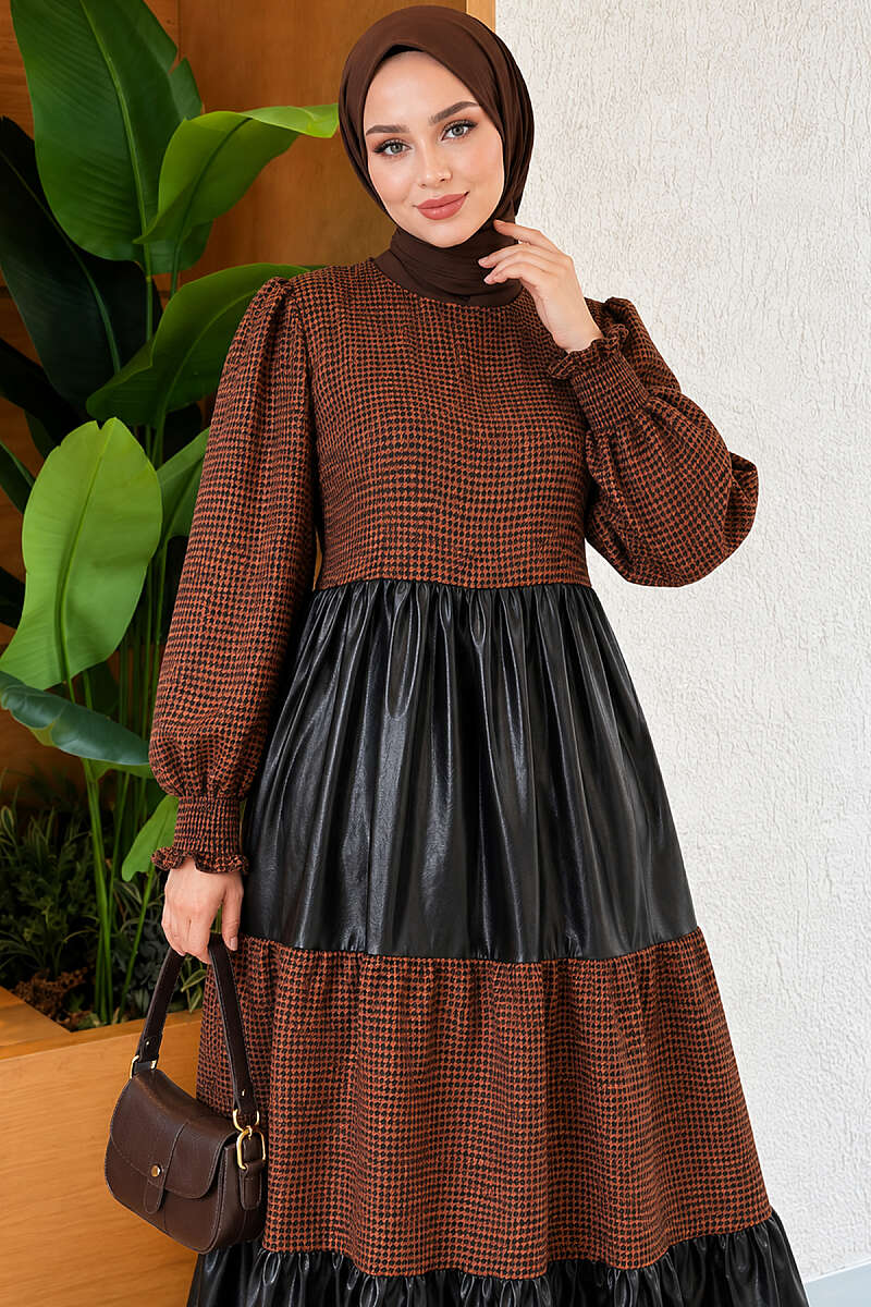 Leather-Trim Houndstooth Dress - Brown