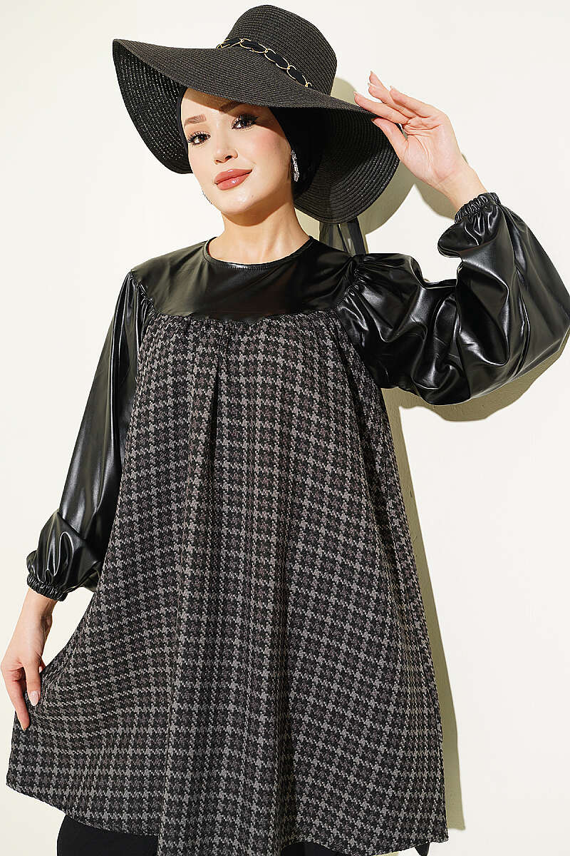 Houndstooth Tunic with Faux Leather Trim - Charcoal