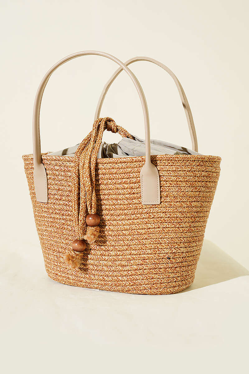 Top-Handle Straw Bag with Leather Trim - Beige