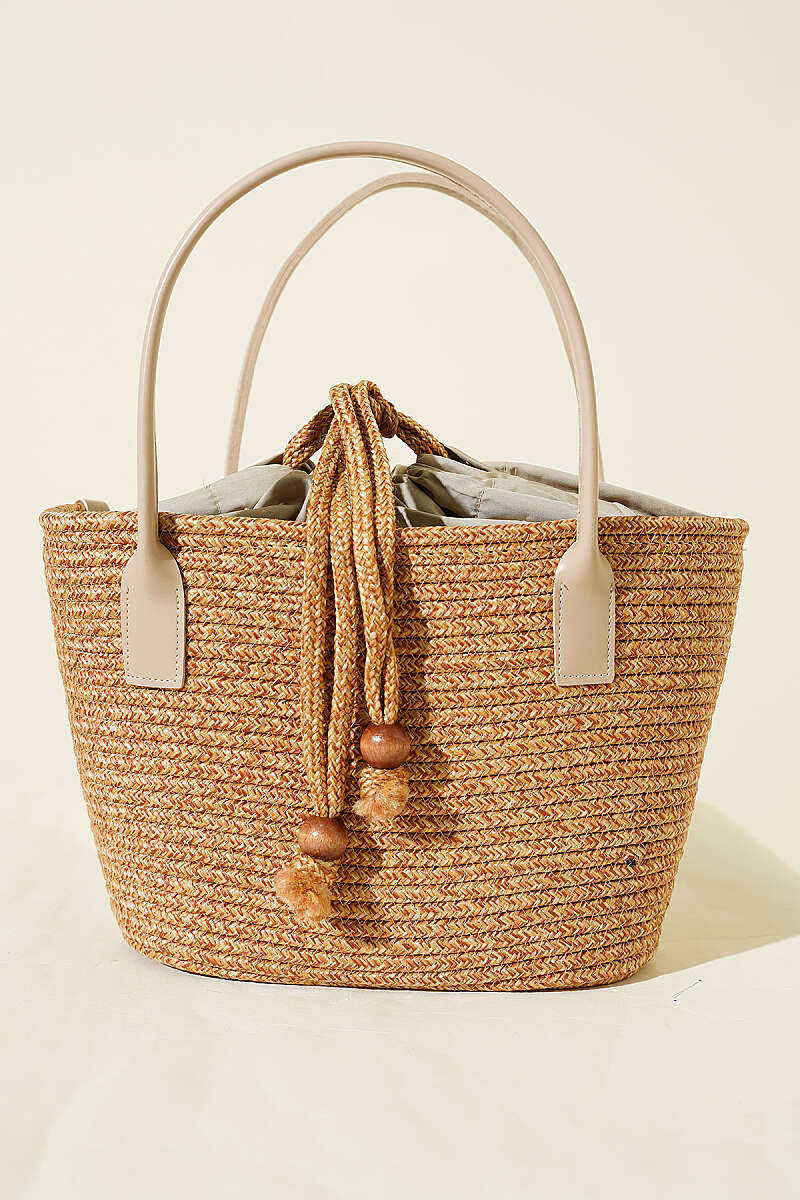 Top-Handle Straw Bag with Leather Trim - Beige