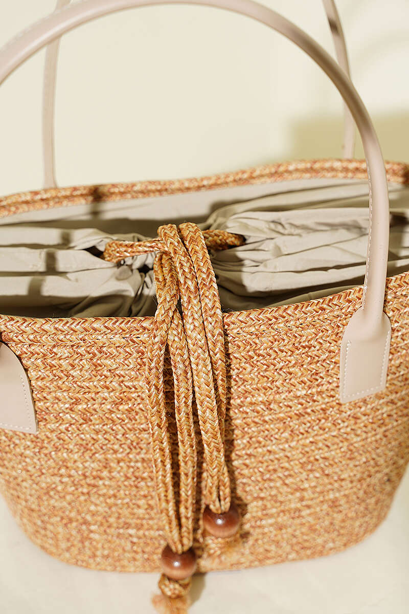 Top-Handle Straw Bag with Leather Trim - Beige