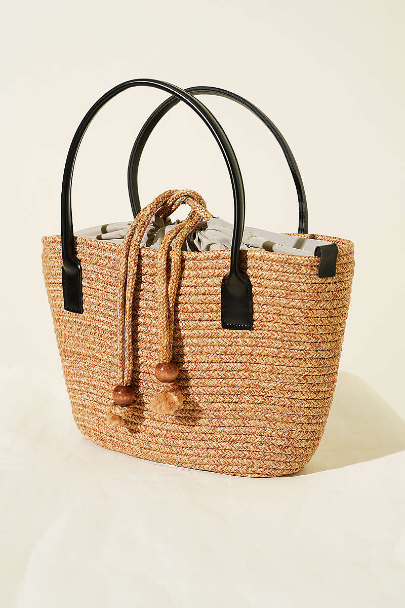 Top-Handle Straw Bag with Leather Trim - Black
