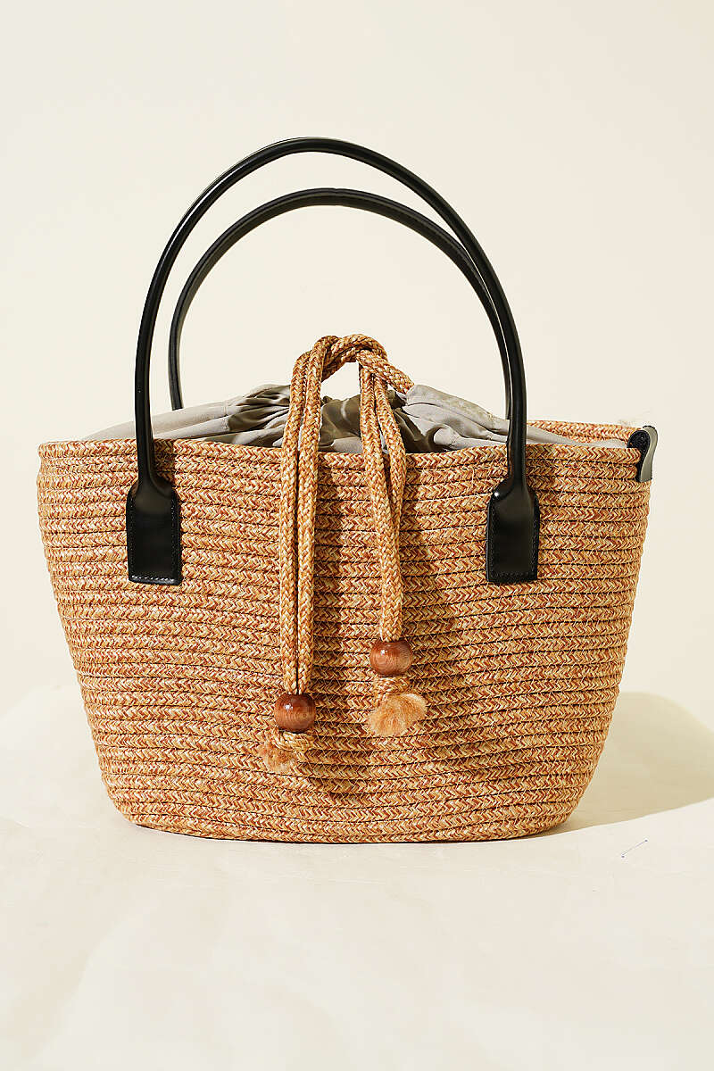 Top-Handle Straw Bag with Leather Trim - Black