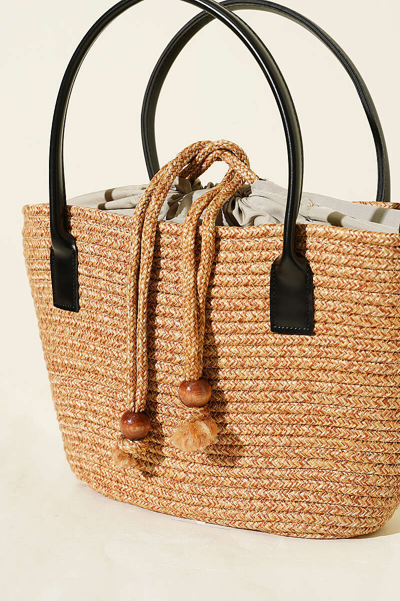 Top-Handle Straw Bag with Leather Trim - Black