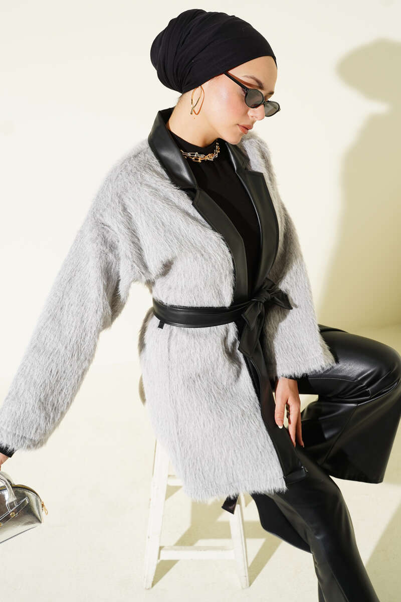 Fluffy Jacket with Faux Leather Trim - Grey